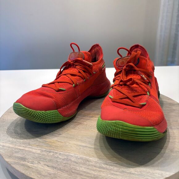 Under Armour Men's Curry 6 Roaracle Red Neon Green Sneakers 3020612-607 Size 8 - Picture 5 of 12